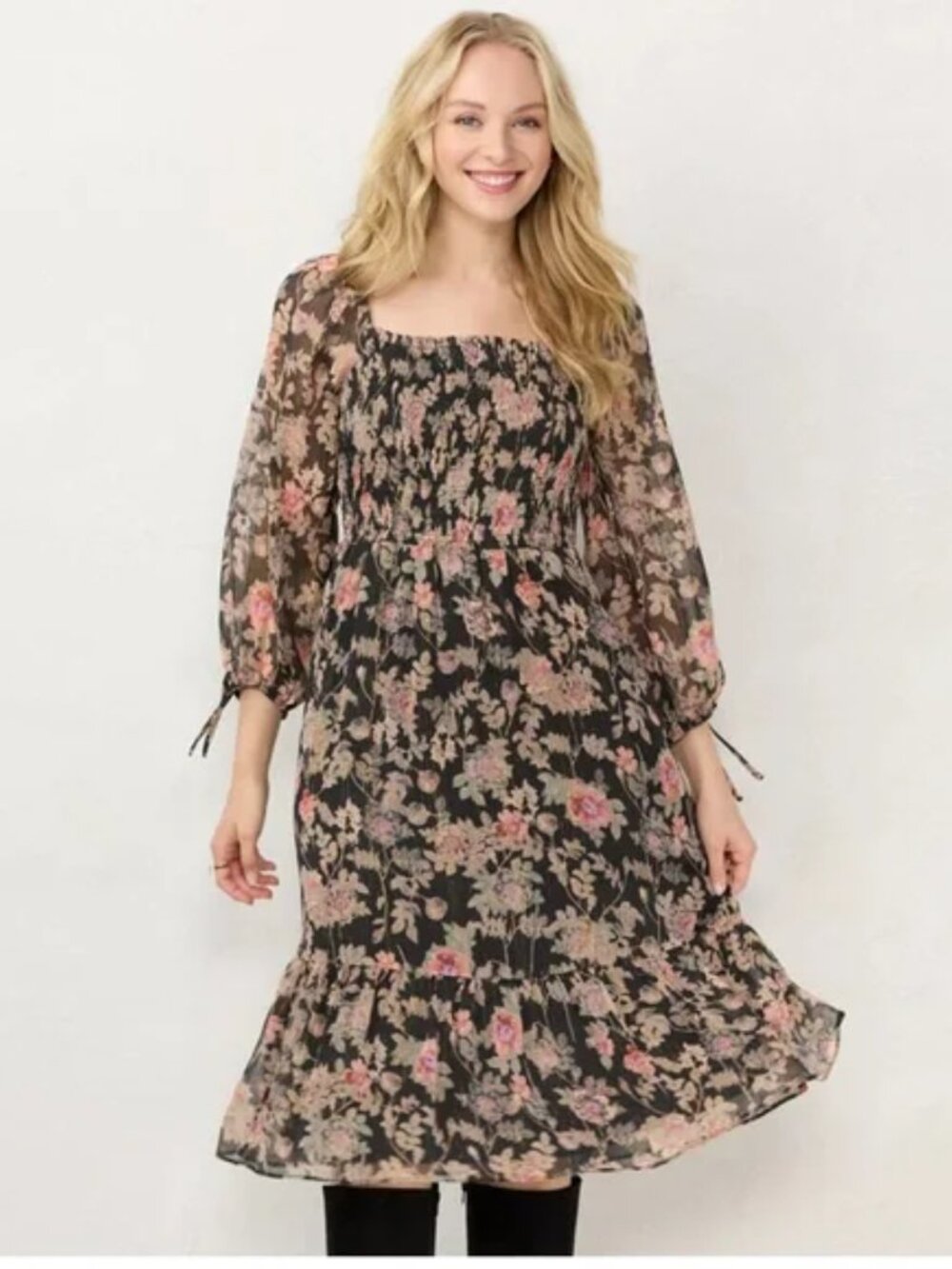 LC Lauren Conrad Black Pink Floral Cottage Romantic Smocked Bodice Midi Dress